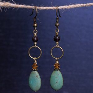 Handmade Antique Brass & Garnet Dangle Earrings